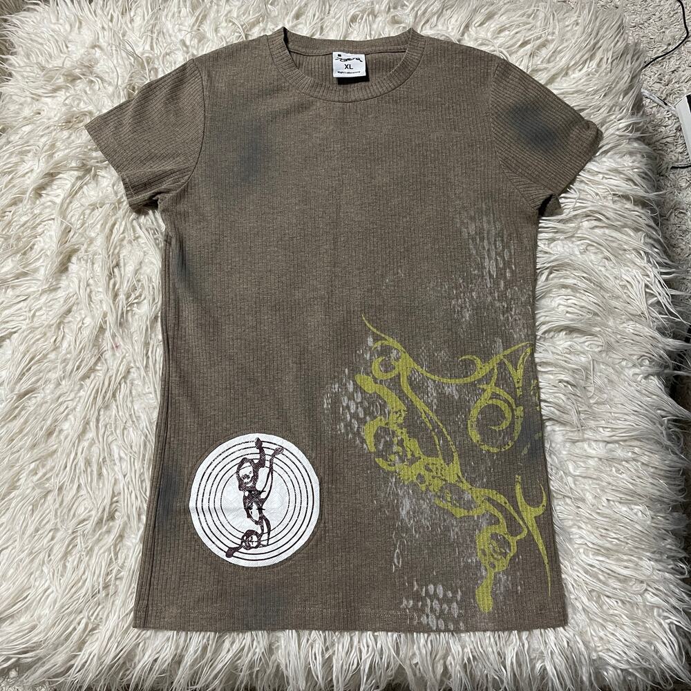 Y2k Streetwear Graphic Thermal Knitted T-Shirt Beige Brown Tan size XL
